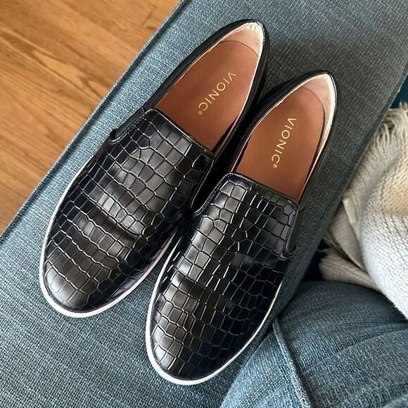 Vionic Demetra Black Croc Embossed Leather Slip On Sneaker Arch Support 9.5 - Picture 10 of 12